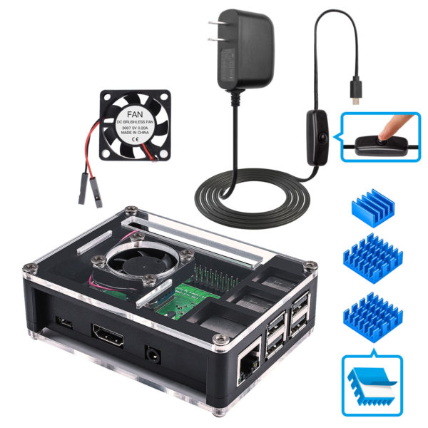 Miuzei Raspberry Pi 3 B+ Case with Fan, 5V 3A Power Supply with ON/Off  Button, 3 Pcs Heat Sinks for Raspberry Pi 3 Model B+, Compatible with  Raspberry 